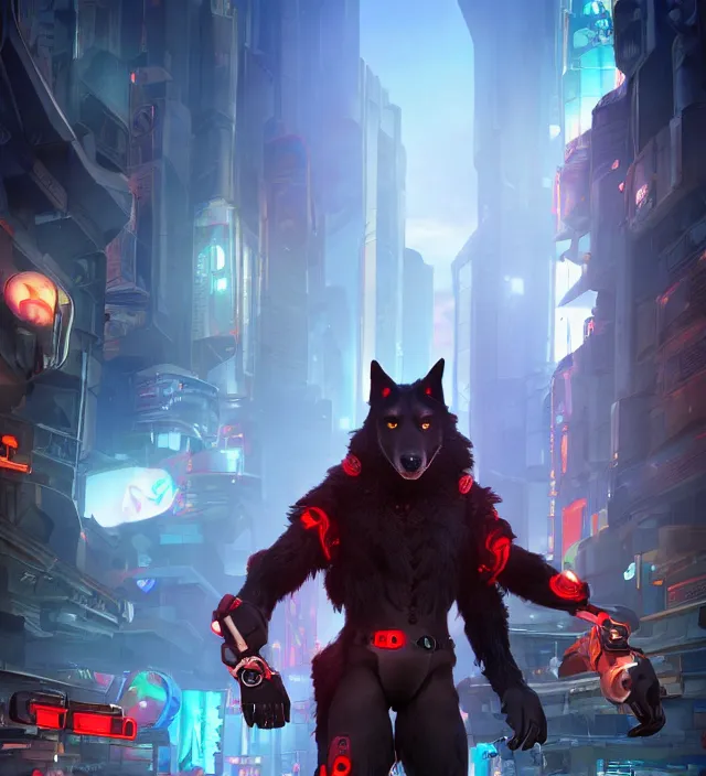 Prompt: portrait of a anthropomorphic black male wolf with red hair in a futuristic city, hyper detailed, digital art, trending in artstation, cinematic lighting, studio quality, smooth render, unreal engine 5 rendered, octane rendered, art style by pixar dreamworks warner bros disney riot games and overwatch.