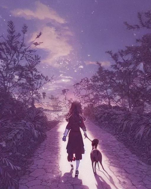 Image similar to a girl walking her small dog at the park, full shot, facing forward, ambient lighting, detailed, art by ayami kojima, makoto shinkai, kilian eng