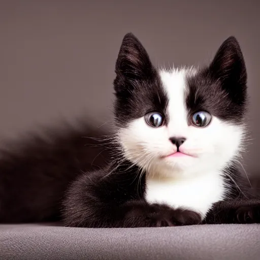 Image similar to black kitten! laying on it ‘ s back showing it ‘ s fluffy belly while looking at the camera!, photorealistic, anatomically correct, sharp focus, 4 k, beautiful,