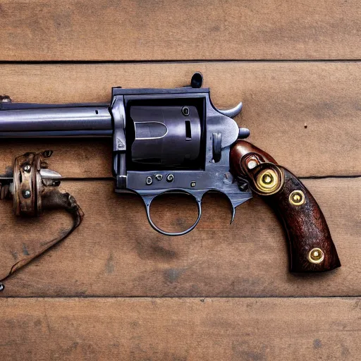 Image similar to product photography of a steampunk revolver