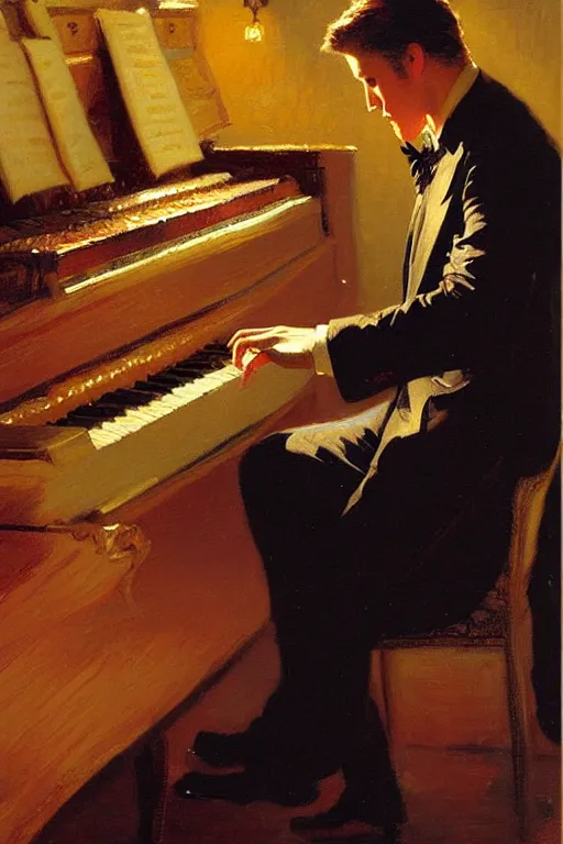 Image similar to attractive male playing piano, starry night, painting by gaston bussiere, craig mullins, j. c. leyendecker