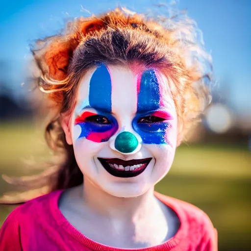 Image similar to a abstract shaped portrait of a abstract girl who has face - painting like a clown smiling creepily. depth of field. lens flare