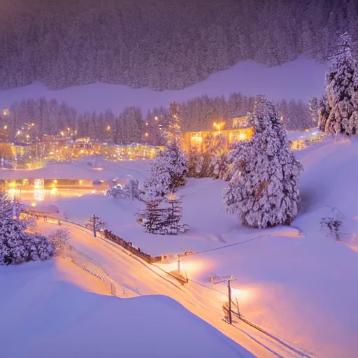 Image similar to cozy winter night at a ski resort, tilt - shift photography, highly detailed snow, low light, illuminated by street lights