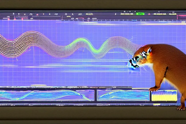 Prompt: an oscilloscope shaking a sound wave, wiggling a weasel, a stoat sinusoid spectacle : the wiggle and the wave - the wiggle is the wave!