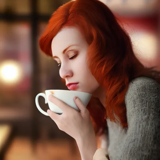 Prompt: Ultra detailed photo of redhead woman drinking steamy latte in dimly lit coffee shop, wearing elegant jewellery, relaxed pose, cosy, happy, 8k, by WLOP, Artstation trending, perfect lighting