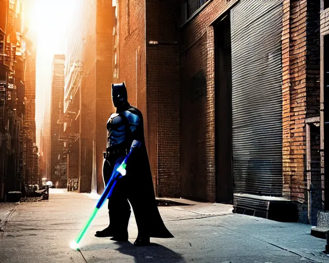 Image similar to a high definition photograph of Batman holding a lightsaber in a New York City alleyway, serious face, moody lighting, high contrast, dark background, window lights