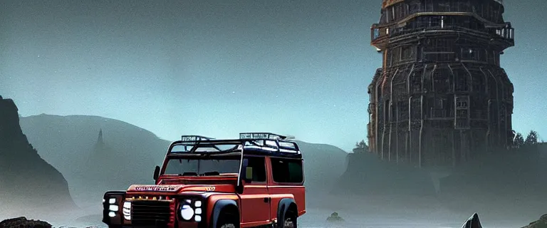 Image similar to Land Rover Defender 110 (1985), an epic fantasy, dramatic lighting, cinematic, establishing shot, extremely high detail, photorealistic, cinematic lighting, artstation, by simon stalenhag, The Elder Scrolls IV: Oblivion, Green Cyrodiil plains, Imperial City with the Adamantine Tower in the middle in the distance, at day