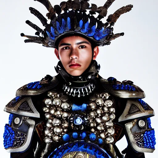 Image similar to a portrait of a beautiful young mexican male wearing an alexander mcqueen armor made of saphire, photographed by andrew thomas huang, artistic