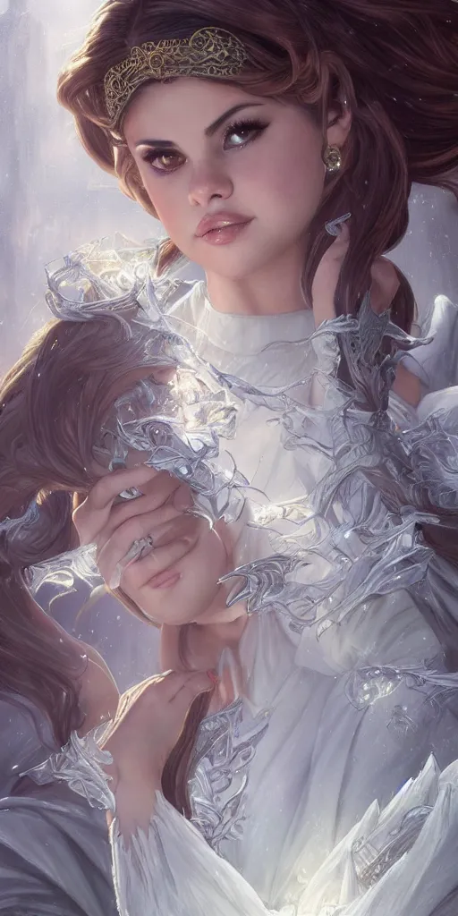 Image similar to Selena Gomez casting an frost spell, D&D, fantasy, intricate, elegant, highly detailed, digital painting, artstation, concept art, matte, sharp focus, illustration, hearthstone, art by Artgerm and Greg Rutkowski and Alphonse Mucha