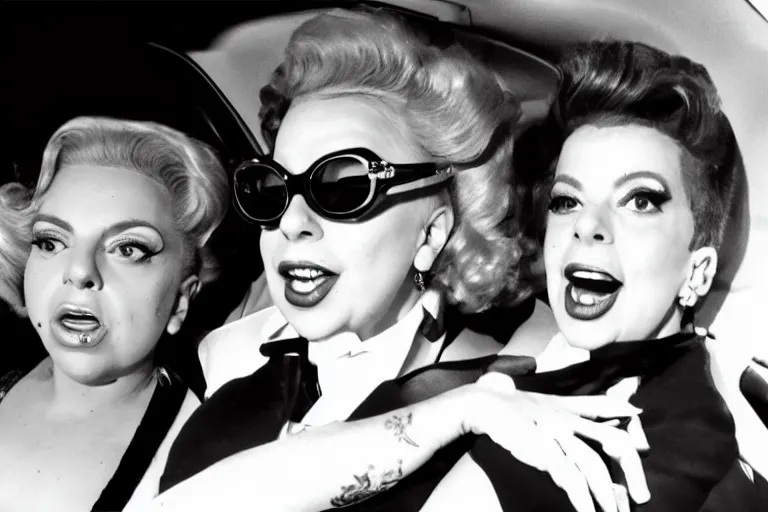 Image similar to lady gaga and judy garland doing carpool karaoke, lady gaga and judy garland, carpool karaoke, lady gaga, judy garland, carpool karaoke, youtube video screenshot, the late late show withjames cordon