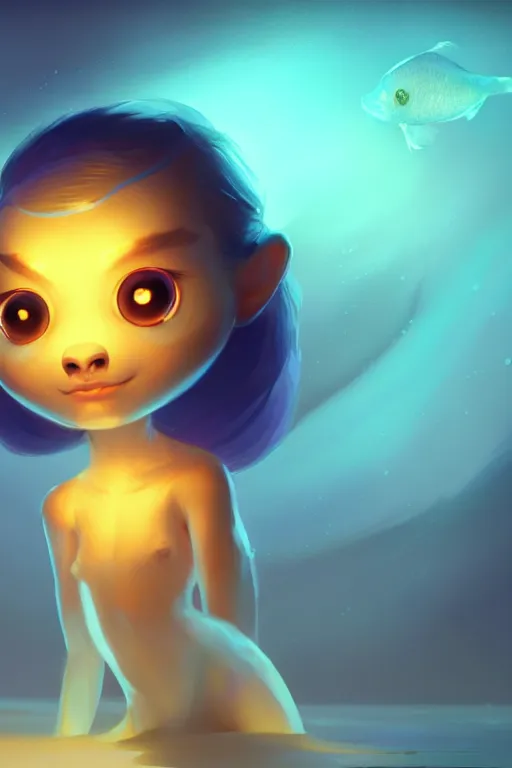 Image similar to super cute Bioluminescent Fish character concept, soft light, soft mood, realistic body features and face, illustration, painting oil on canvas by Elena Zhurikhina and Goro Fujita and Charlie Bowater, octane render trending on artstation, 4k, 8k, HD