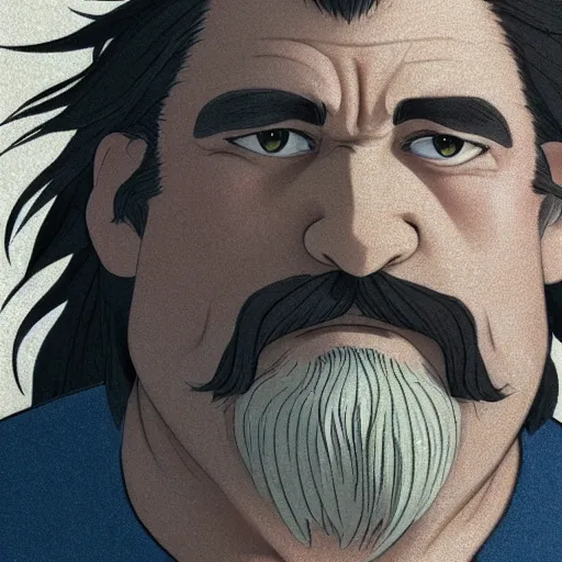 Image similar to a middle - aged man with bulk muscles and black hair consists of an unruly, mostly swept - back mane and waist - length fu manchu mustache and spiked goatee, path traced, highly detailed, high quality, digital painting, by studio ghibli and alphonse mucha, leesha hannigan, hidari, disney