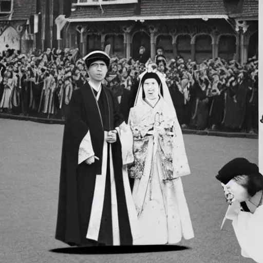 Image similar to The Empress was smiling and waving to the spectators as they waited outside the church in this extreme wide shot, coloured black and white Russian and Japanese combination historical fantasy photographic image of a Royal wedding taken in 1907 by the event's official photographer