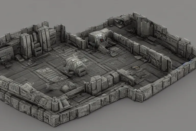 Image similar to 40k Tau empire bunker. Tao coalition. Greater good gromdark bunker. 3d printable wargaming terrain. High resolution render. CGSociety.