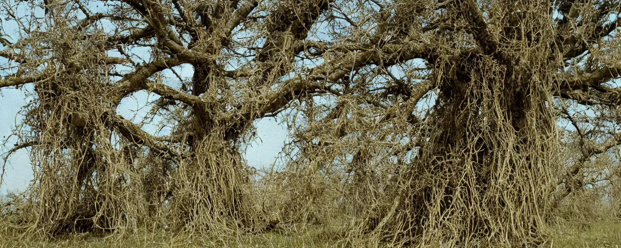 Image similar to wide shot of spaghetti growing on a tree, in a large field, in the style of galen rowell, canon 2 0 mm, photograph, kodachrome