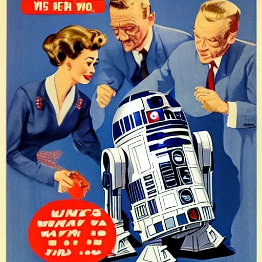 Prompt: R2D2 1950s propaganda poster