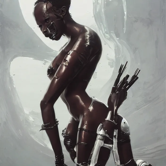 Image similar to african domme mistress, full body, black supremacy, rubber and latex, postapocalyptic, smooth white surroundings, future, high tech, concept art, realistic painting, digital art by greg rutkowski, by takashi murakami