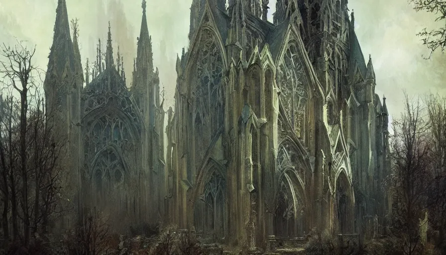 Prompt: a beautiful intricate painting of a abandoned gothic church, in dark evil fantasy forest, reflections, very high details by william turner art, greg rutkowski and alphonse mucha, trending on artstation, very very detailed, masterpiece,