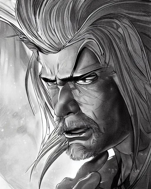 Image similar to An old man looking into a golden mirror, black and white, close-up, fantasy art, male art, in the style of masami kurumada, illustration, epic, fantasy, intricate, hyper detailed, artstation, concept art, smooth, sharp focus, ray tracing