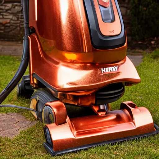 Prompt: Henry Hoover in copper armor illuminated by sun, high definition photography