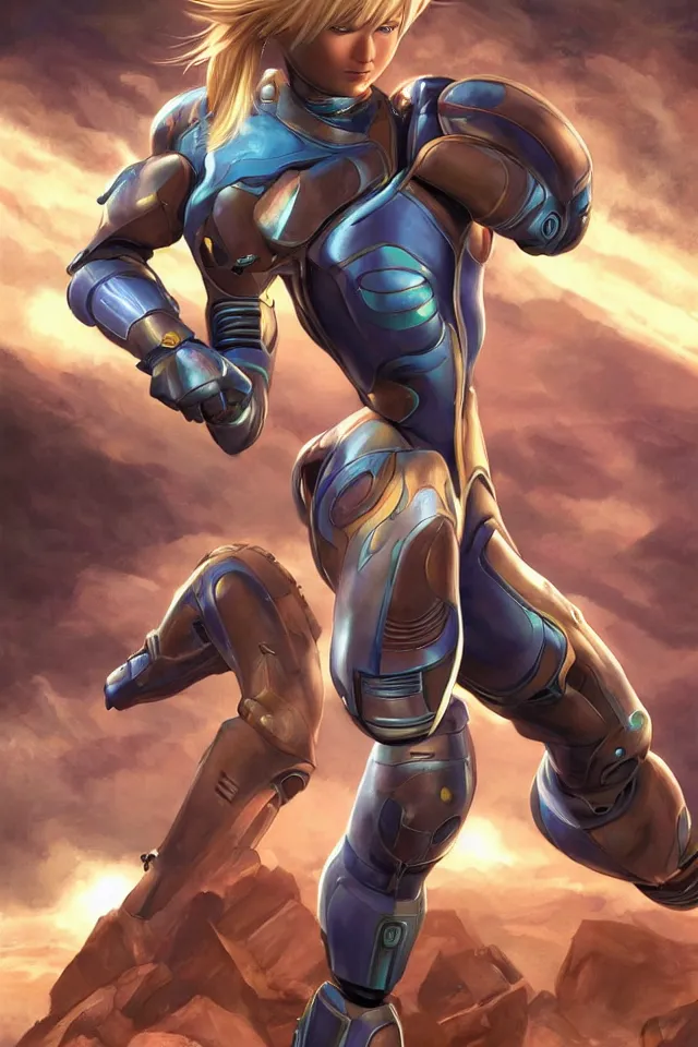 Prompt: Androgynous Samus Aran, full body digital illustration design by Mark Brooks and Brad Kunkle, detailed, gorgeous lighting, wide angle action