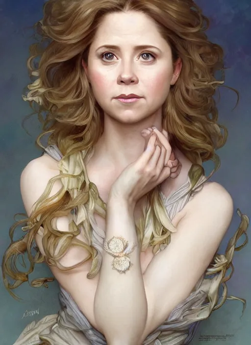 Image similar to beautiful portrait of jenna fischer, by magali villeneuve and greg rutkowski and artgerm and alphonse mucha, intricate, elegant, highly detailed, photorealistic, trending on artstation, trending on cgsociety, 8 k, sharp focus