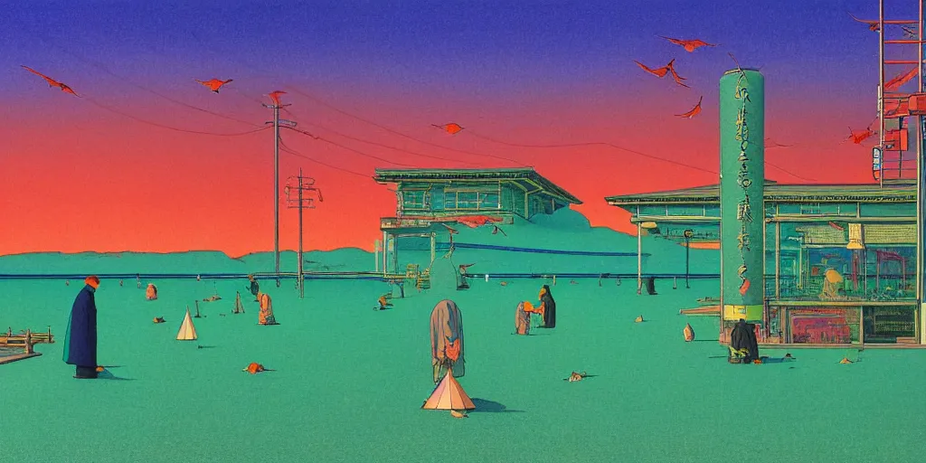 Prompt: electric heads that fly over ice, a lot of green glass bottles around, dead birds, acid and dreaming psychedelic hallucinations, by kawase hasui, moebius and edward hopper, colorful flat surreal design, hd, 8 k, artstation