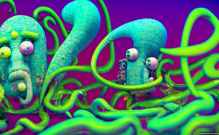 Image similar to squidward taking an acid trip, digital painting, octane render, psychedelic, intricate detail, highly detailed