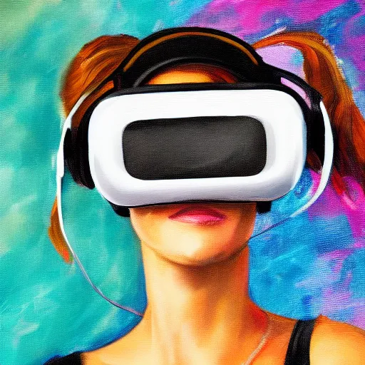 Image similar to An impressionistic painting of a woman wearing a VR headset