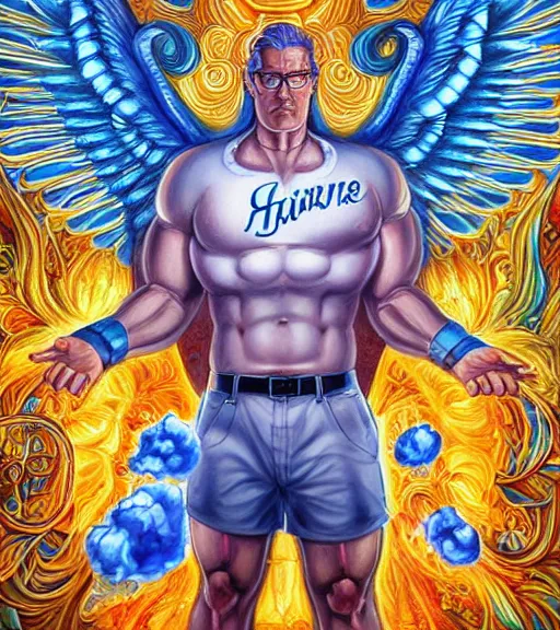 Image similar to symmetry, hank hill wearing a white tshirt, the god of propane's blue flames, blue fire, art by mike judge, art by josephine wall, art by amanda sage, art by huang guangjian, art by viktoria gavrilenko, trending on artstation,