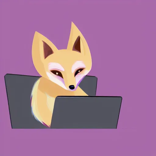 Prompt: A light pink fox with purple hair sits at a desk typing on a laptop with a cup of coffee, digital painting, furry fandom, detailed