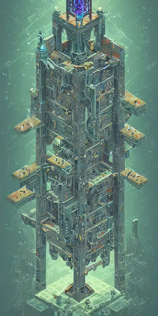 Image similar to isometric portrait of advanced alien, his last moment, mystical, intricate ornamental tower floral flourishes, technology meets fantasy, map, infographic, concept art, art station, style of monument valley, giger, wes anderson