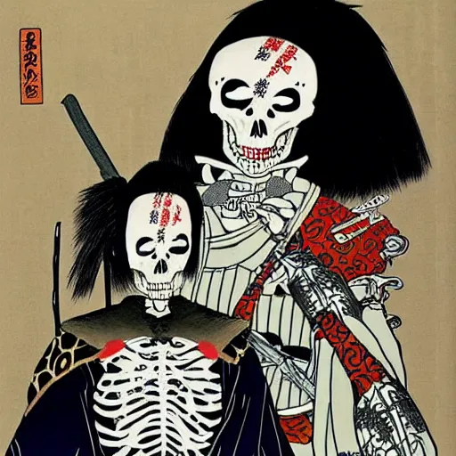 Image similar to portrait of a skeleton samurai and his beautiful Japanese wife by Toshio Saeki, high detailed