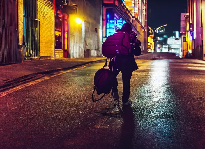 Prompt: photography of a Cat carrying a backpack . in a cyberpunk street. award winning photo, led lighting, night, 24mm, sharp, high res