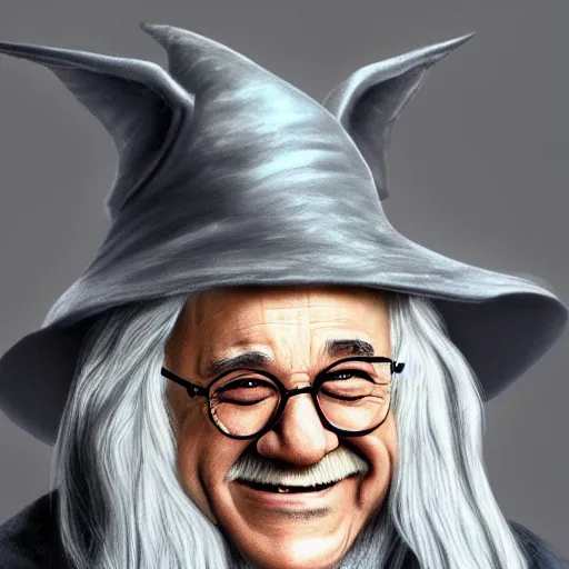 Prompt: danny devito as gandalf, deviantart, smile, ultra realistic illustration, final fantasy, high quality, full color, full body, lotr movies, wizard hat