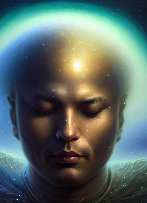 Image similar to closeup portrait shot of a male meditation in cosmic galaxy in a scenic dystopian environment, intricate, elegant, highly detailed, centered, digital painting, artstation, concept art, smooth, sharp focus, illustration, artgerm, tomasz alen kopera, peter mohrbacher, donato giancola, joseph christian leyendecker, wlop, boris vallejo