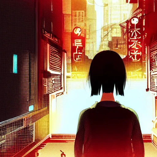 Image similar to Frequency indie album cover, luxury advertisement, red filter, yellow and black colors. highly detailed post-cyberpunk sci-fi close-up schoolgirl in asian city in style of cytus and deemo, mysterious vibes, by Ilya Kuvshinov, by Greg Tocchini, nier:automata, set in half-life 2, beautiful with eerie vibes, very inspirational, very stylish, with gradients, surrealistic, dystopia, postapocalyptic vibes, depth of field, mist, rich cinematic atmosphere, perfect digital art, mystical journey in strange world, beautiful dramatic dark moody tones and studio lighting, shadows, bastion game, arthouse