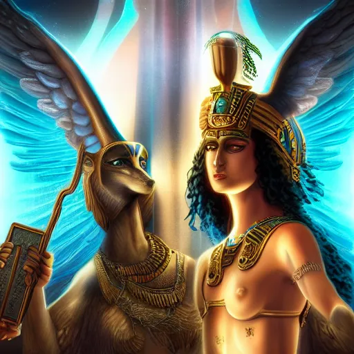 Prompt: photorealitic portrait of goddess isis with god anubis in death, shdows and souls backgroug. digital art high definition, spiritual and awakening regards, 8 k, detailed, octane render, sci - fi, cyberpunk, neon glow, fantasy