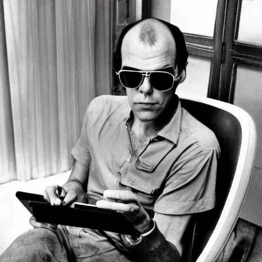 Image similar to 1 9 7 0 s vintage photograph of hunter s. thompson using an ipad, very detailed, very intricate,