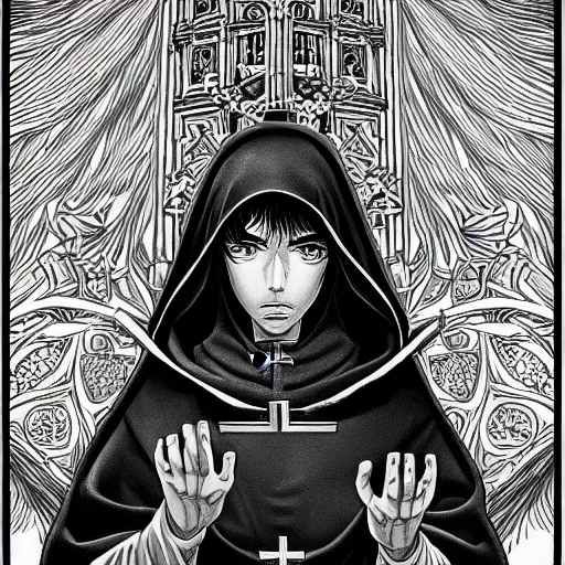 Image similar to portrait of Daniel Trejo as church nun, intricate, highly detailed, artstation, manga illustration by Kentaro Miura