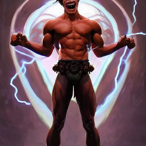 Prompt: character concept, full body, symmetrical, laughing young man with strong body. detailed, high quality, dynamic lightning, fantasy, scenematic. artwork by artgerm, wlop, alex ross, greg rutknowski, alphonse mucha