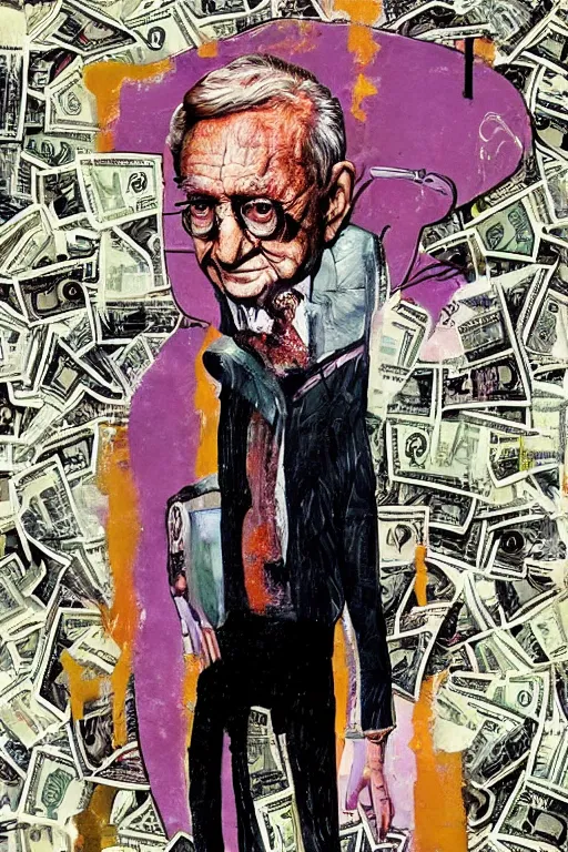 Image similar to George Soros full body shot, dollar bills Body horror, biopunk, by Ralph Steadman, Francis Bacon, Hunter S Thompson