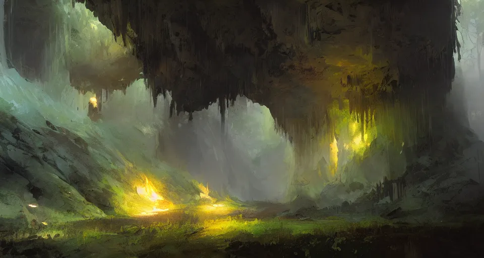 Prompt: beautiful green mountain, a big cave with a fire inside, by jeremy mann, by greg rutkowski, by noah bradley, digital painting