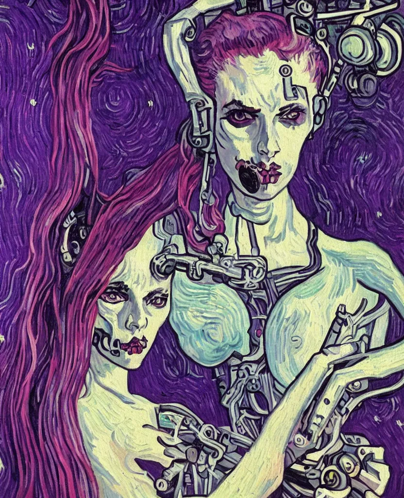 Image similar to A beautiful painting of a cyberpunk girl with purple hair and an a huge robot arm sensual stare, augmentations and cybernetic enhancements neon circuits, Painted by Vincent Van Gogh ❤️‍🔥 🔥 💀 🤖 🚀