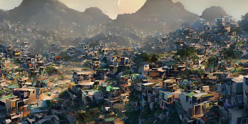 Prompt: a film still from elysium by james paick - a modern architectural city overlooking african favelas below in the distance, vibrant, 5 0 mm lens, video game environment design, behance hd, studio, evening, dramatic lighting, cinematic, global illumination, deviant art, trending on artstation, bloom
