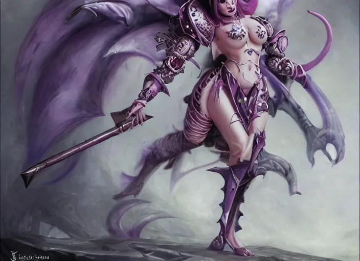 Image similar to Skilled Slaanesh demonette with pink tail and small horns on her head and beautiful long black hair wearing the outfit of slaanesh legions looking at the viewer corrupting an ultramarine space marine, elegant, delicate, powerful, smooth, highly detailed, Artstation, Cgsociety, art by Mark Simonetti and Gil Elvgren and artgerm, mucha, Warhammer illustration, digital art