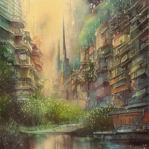 Image similar to Beautiful happy picturesque charming sci-fi city in harmony with nature. Nice colour scheme, soft warm colour. Beautiful detailed watercolor by Lurid. (2022)