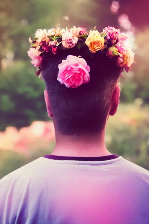 Prompt: agfa vista 4 0 0 close up photograph of a guy wearing a flower crown, back view, synth vibe, vaporwave colors, lens flare, moody lighting, moody vibe, telephoto, 9 0 s vibe, blurry background, grain, tranquil, calm, faded!,