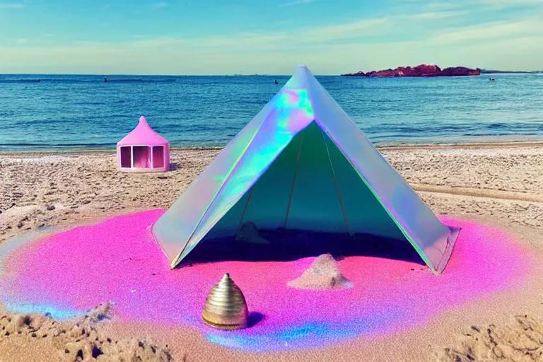 Image similar to a vintage family holiday photo of an empty beach from an alien dreamstate world with chalky pink iridescent!! sand, reflective lavender ocean water and a pale igloo shaped plastic transparent bell tent opposite a fire pit with an iridescence blue flame. refraction, volumetric, light.