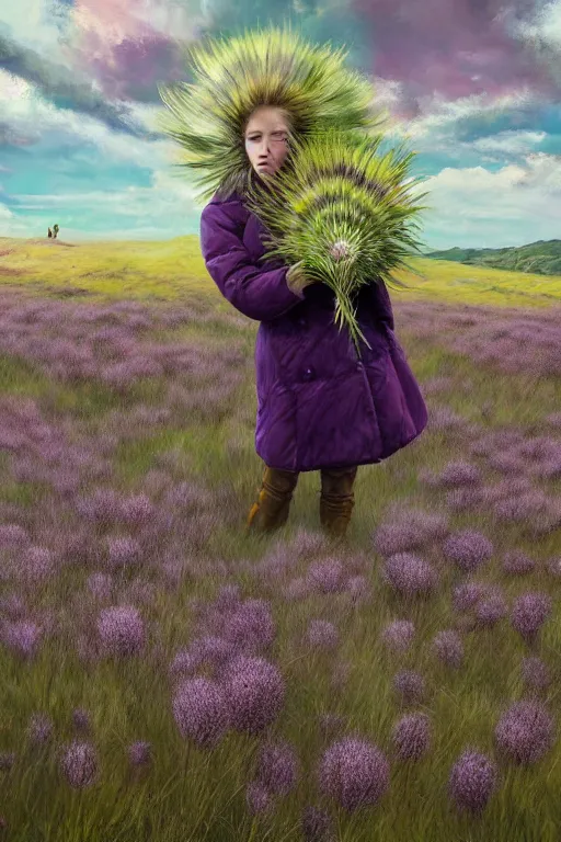 Prompt: portrait, massive thistle flower head, a girl wearing coat in heather field, surreal photography, wind and cold, dramatic sky, impressionist painting, digital painting, artstation, simon stalenhag